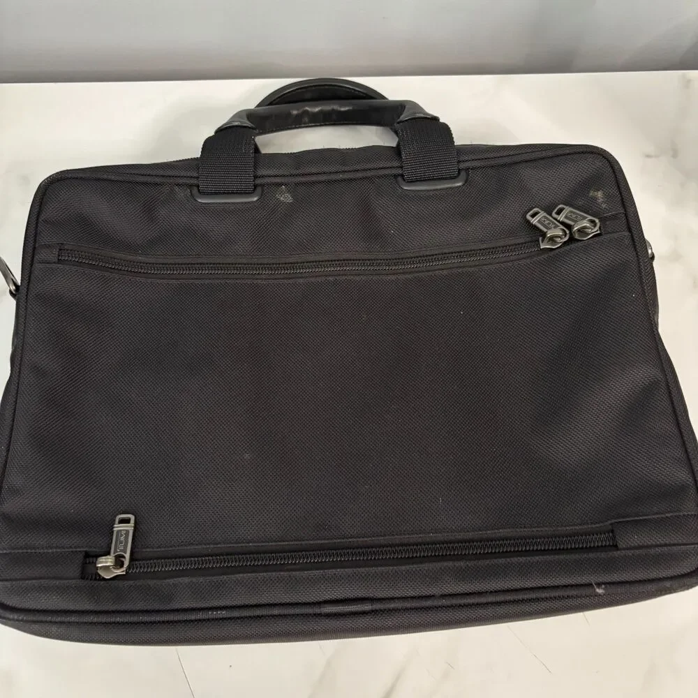 TUMI Black Ballistic Nylon Slimline Padded Laptop Bag Black Leather Handles